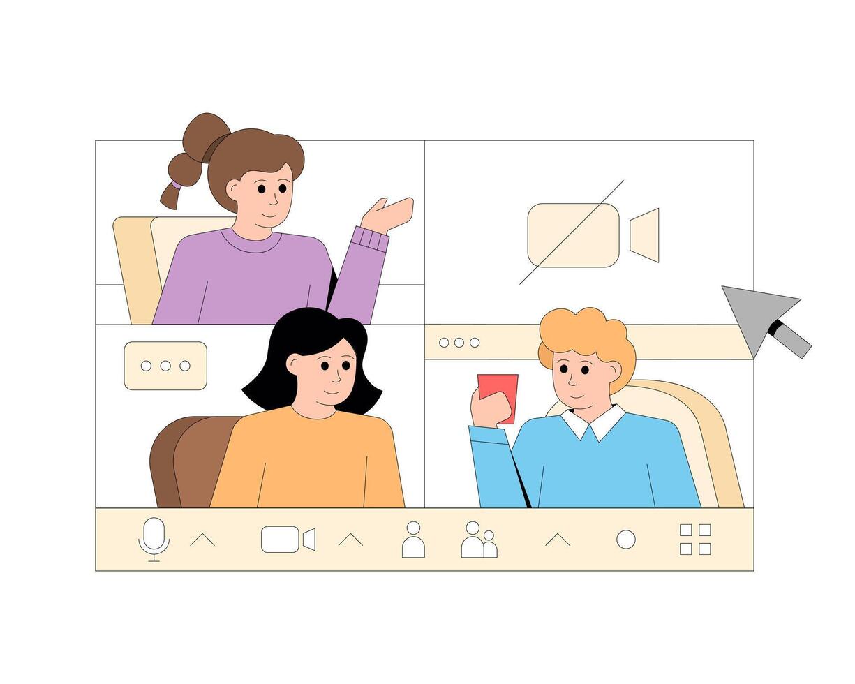 colegas comunicado durante vídeo llamar, utilizando artilugio. simpático comunicación concepto vector
