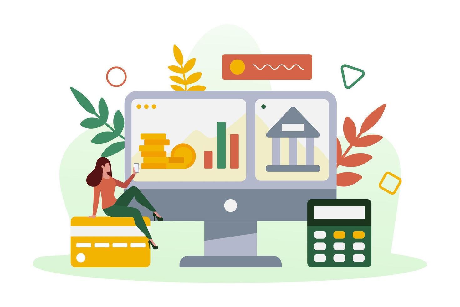 Female sitting on credit card, holding smartphone, using online banking vector