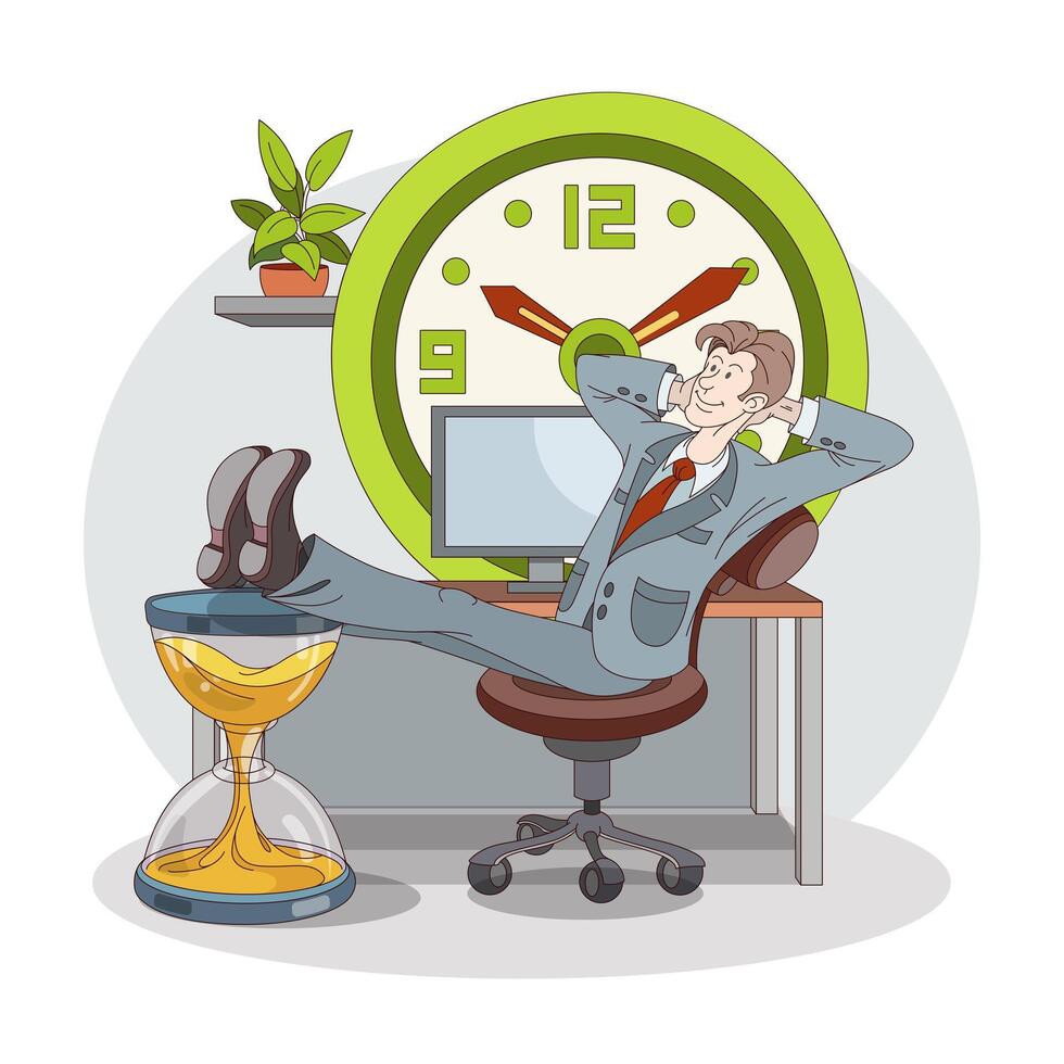 Male sitting near work place and resting after work. Time management concept vector