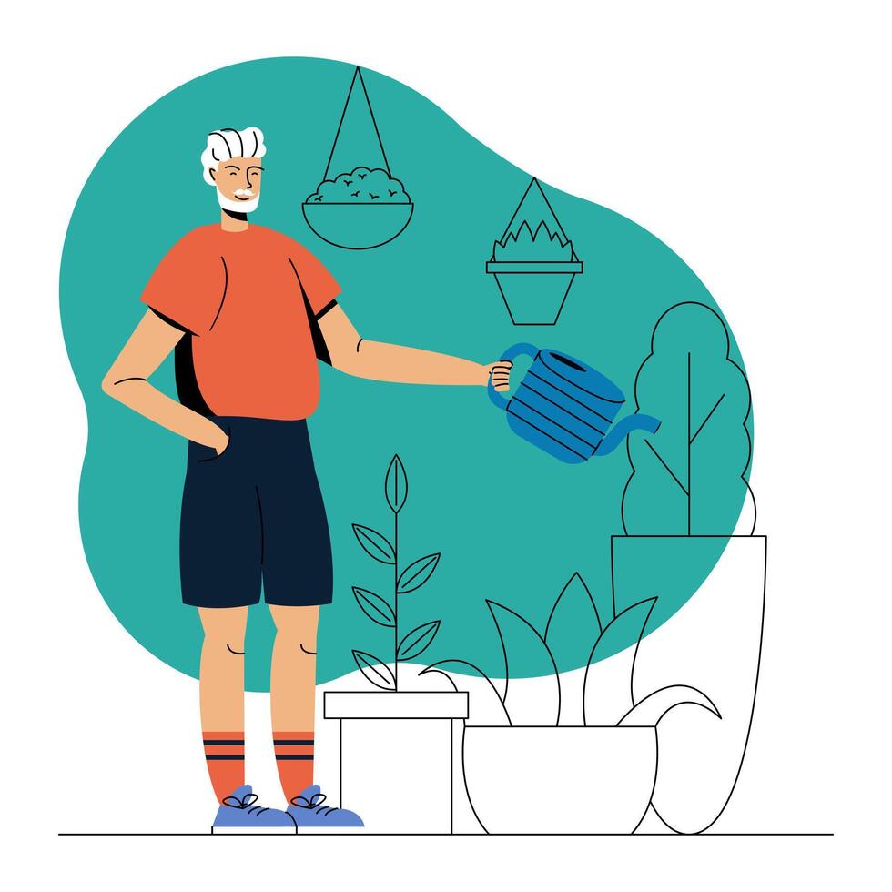 Senior man holding watering can, standing near plants and watering it vector