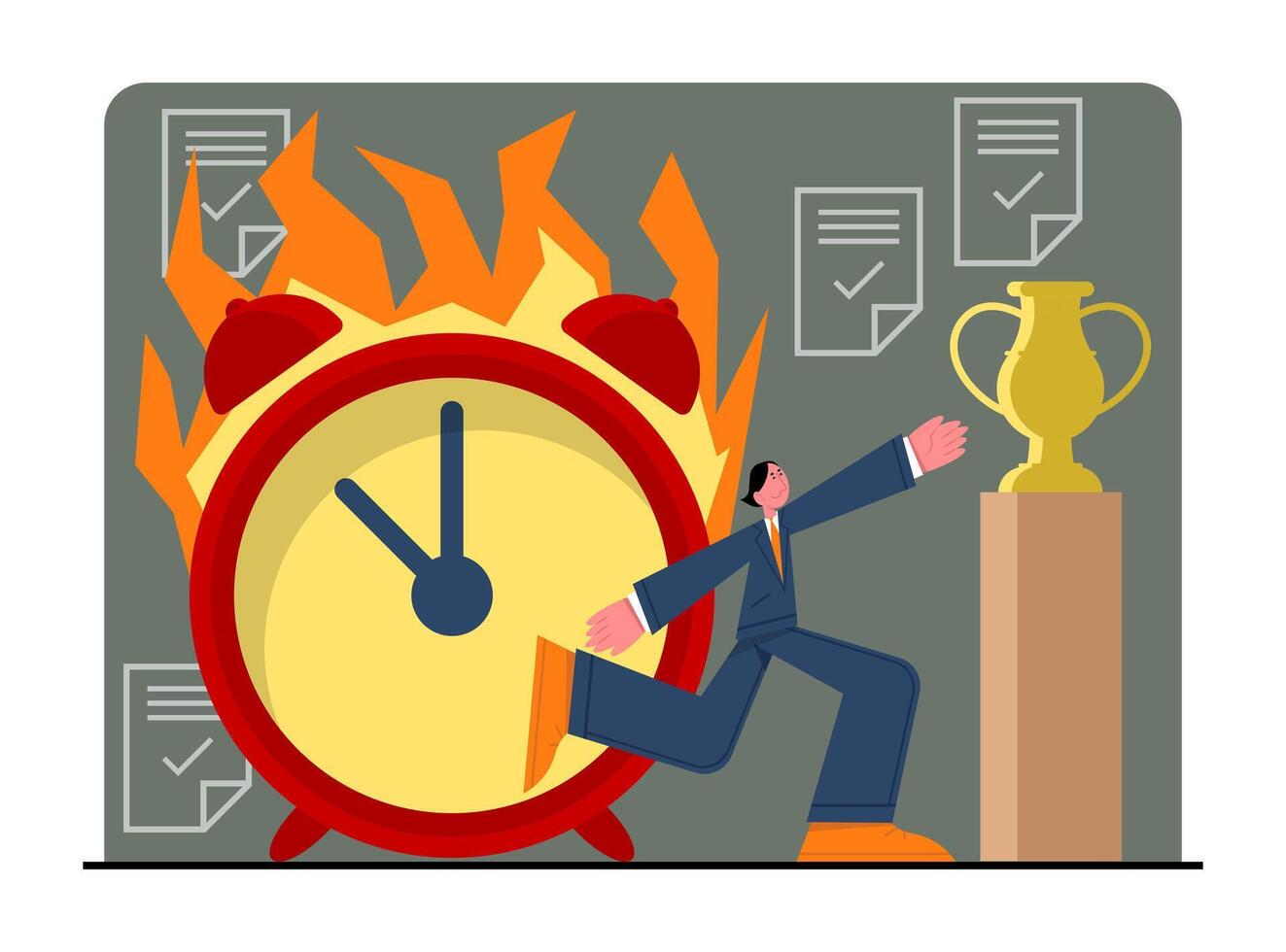 Man standing near clock in fire and running to goblet. Concept of deadlines vector