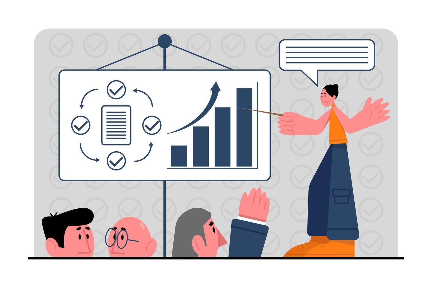 Woman standing near board with chart and diagram and making presentation vector