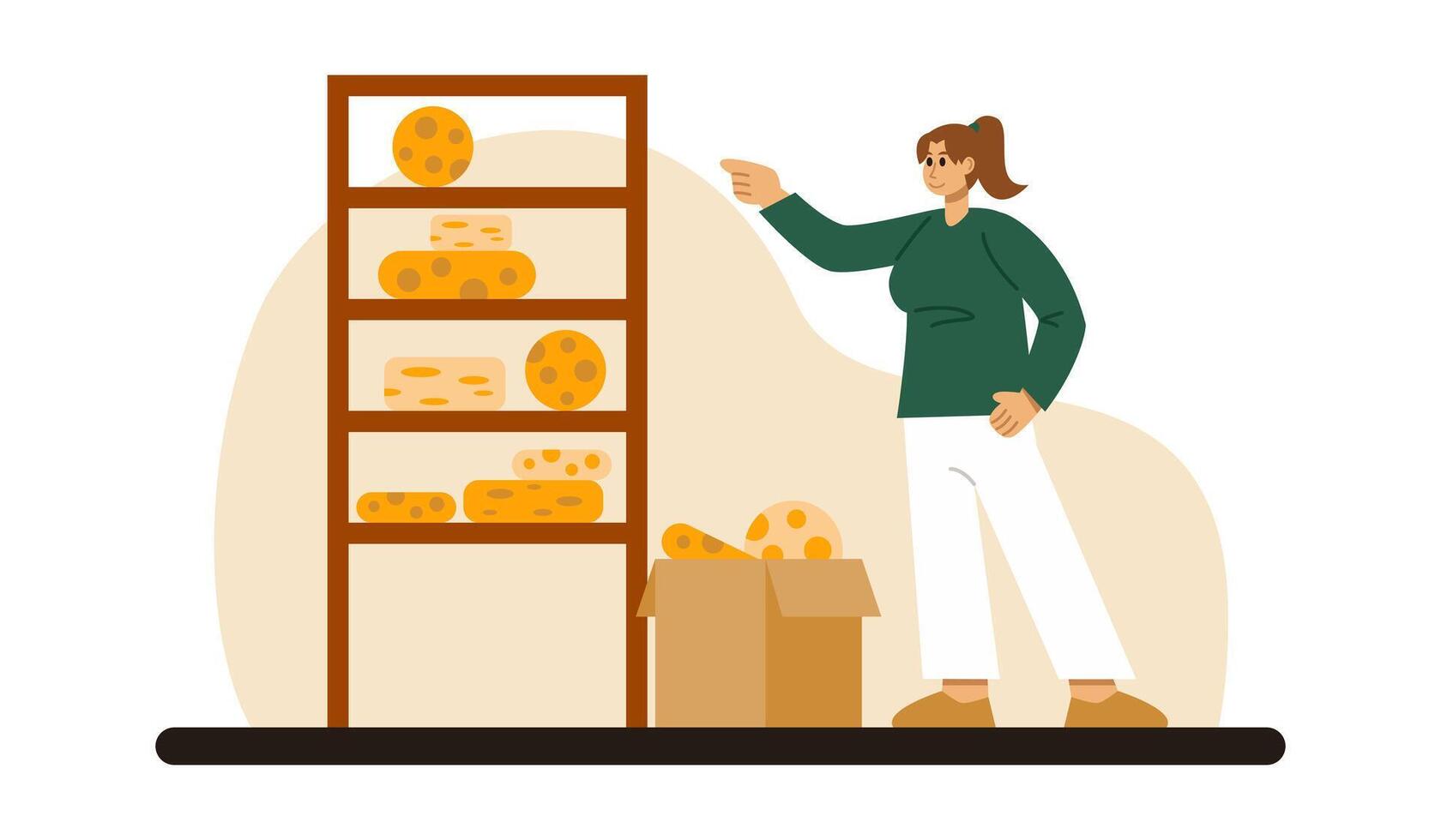 Woman standing near rack with cheese and packing product into boxes vector
