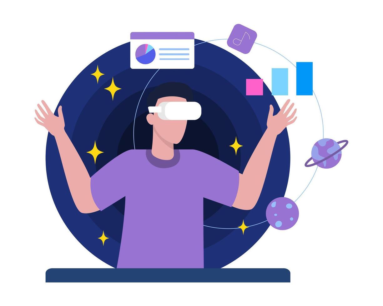 Young male man in VR glasses looking at diagram and chart vector