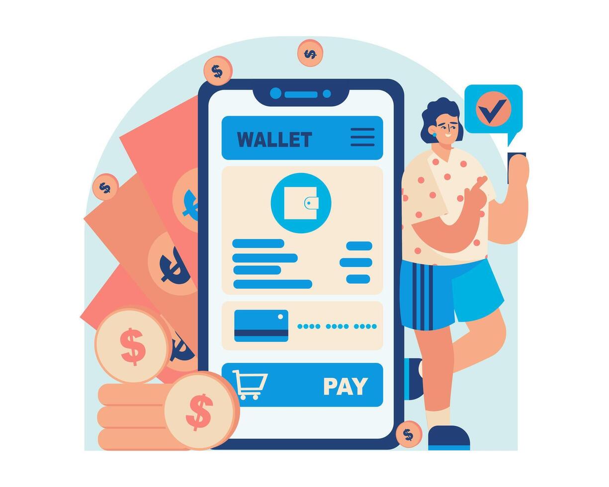 Female holding smartphone and checking wallet. Successful financial transactions online vector
