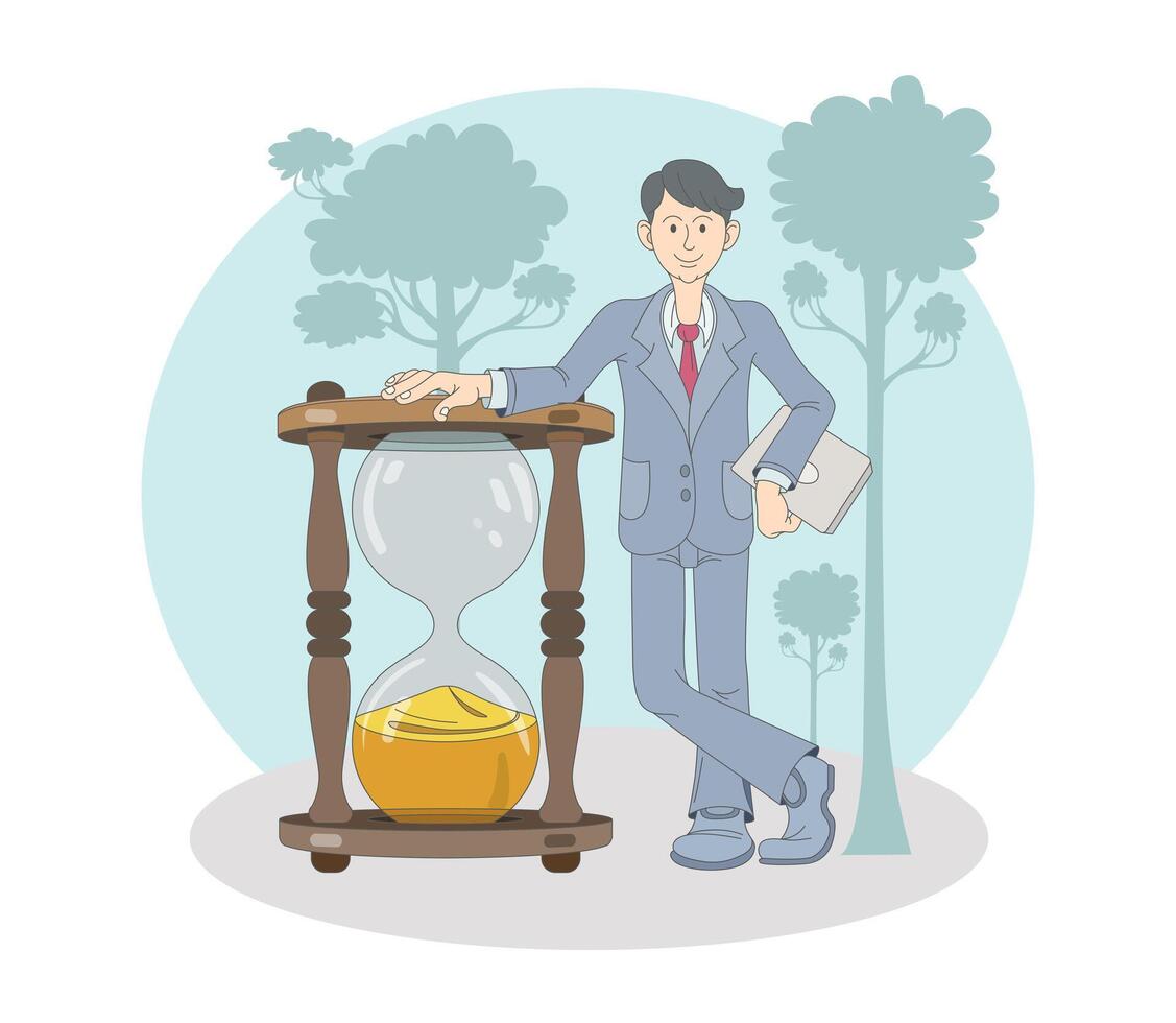 Adult smiling worker standing near hourglasses and ready to work. Time organization and management vector