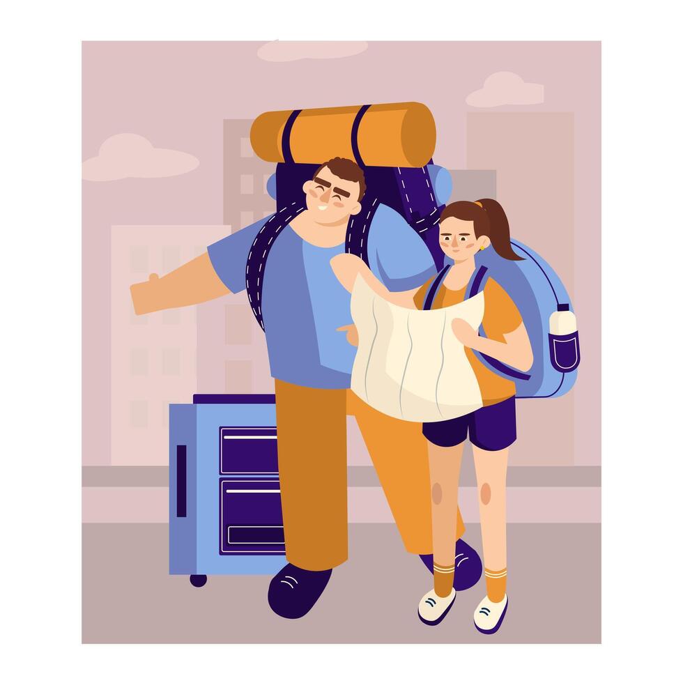 Couple looking for route on map. Man and woman traveling together vector