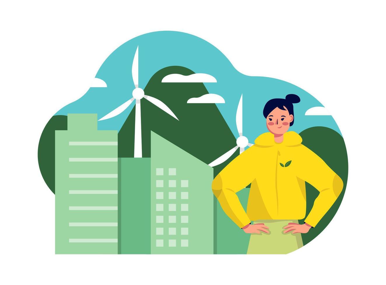 Woman standing near city with wind turbines. Engineer working near wind turbines vector