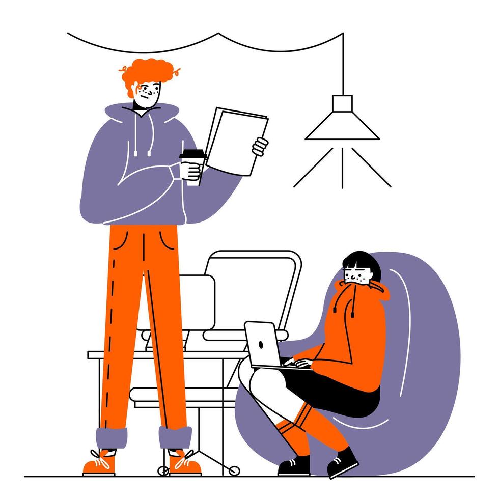 Man and lady working in coworking space and talking. Working on laptop vector