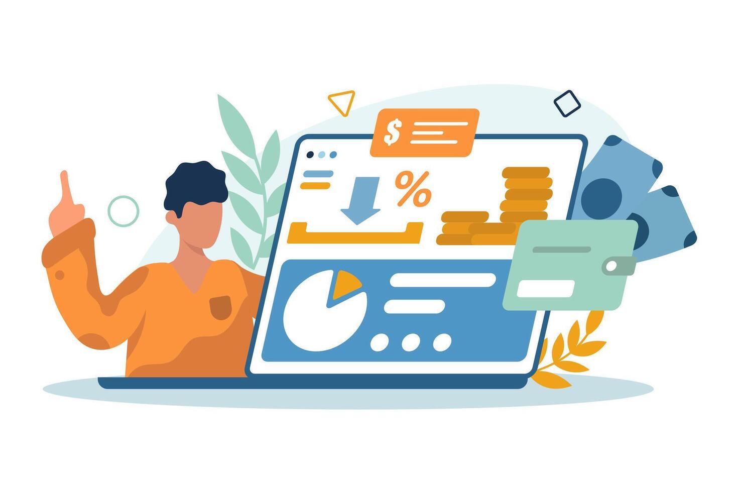 Man controlling savings and investments in online account vector