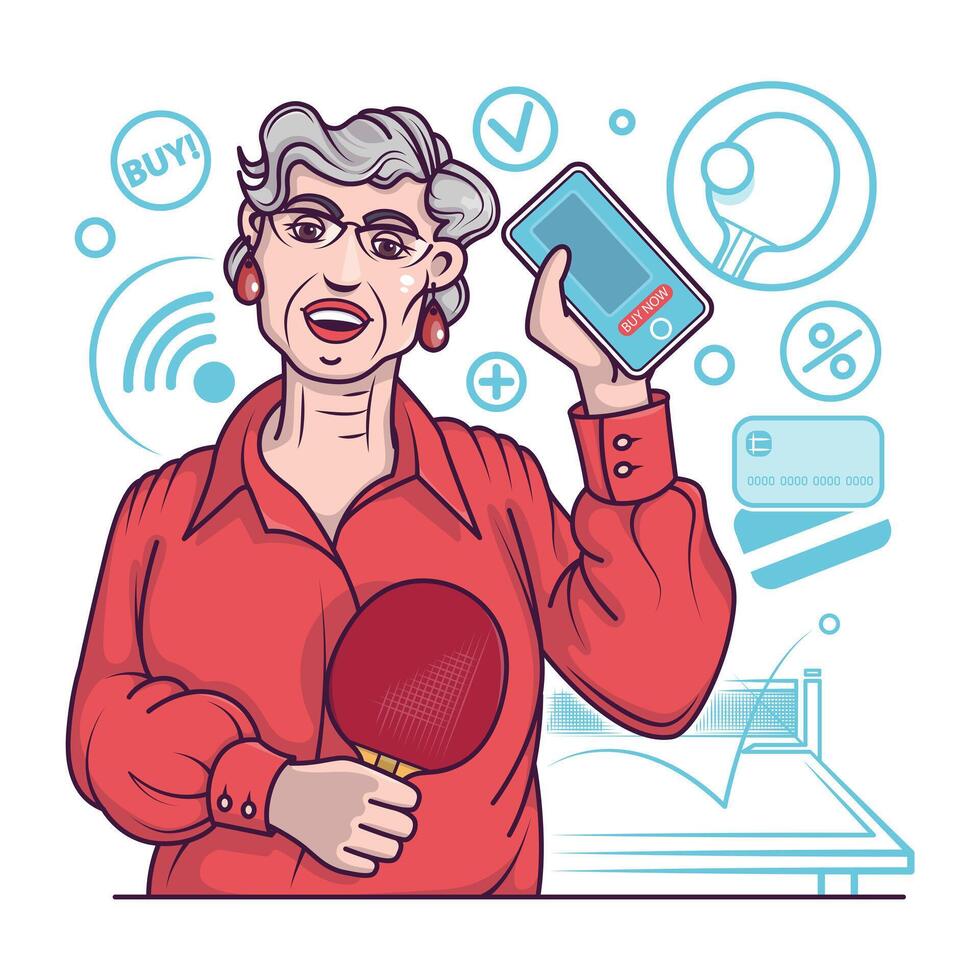 Old woman holding mobile phone and choose goods for table tennis vector