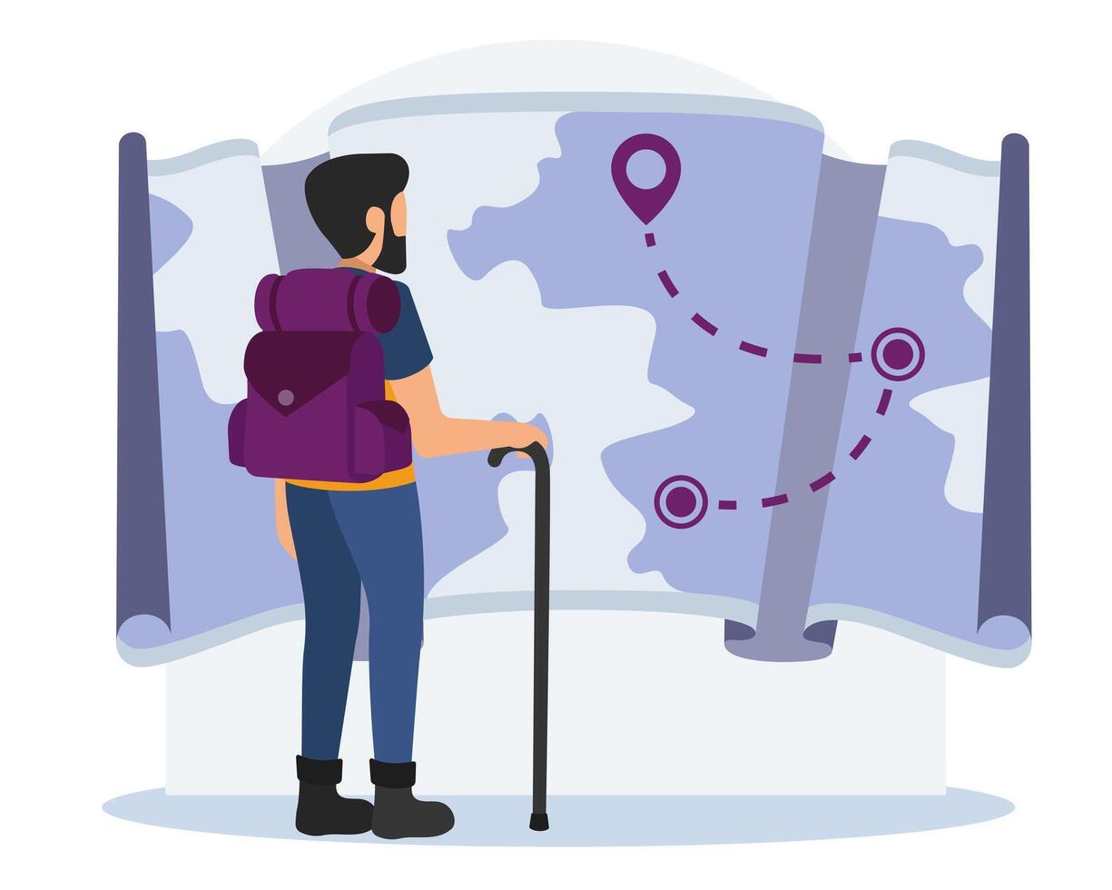 Male with backpack standing near big map and looking at location vector