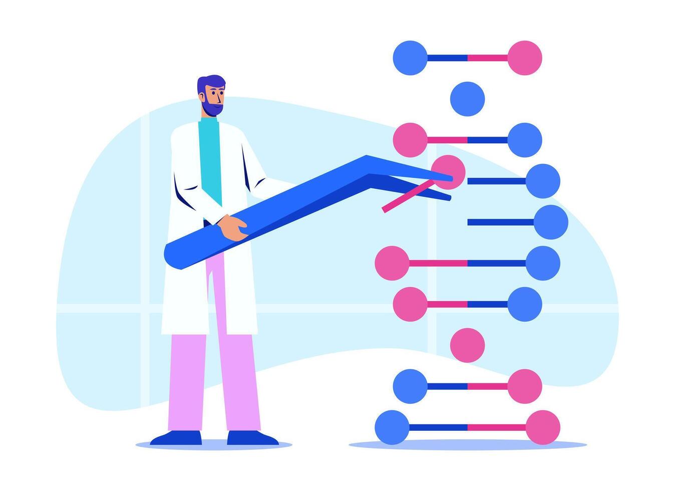 Man in white coat splitting DNA code with tweezers in laboratory vector