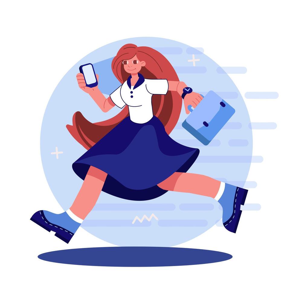 Female running to work. Wise timing concept. Time organization and management concept vector