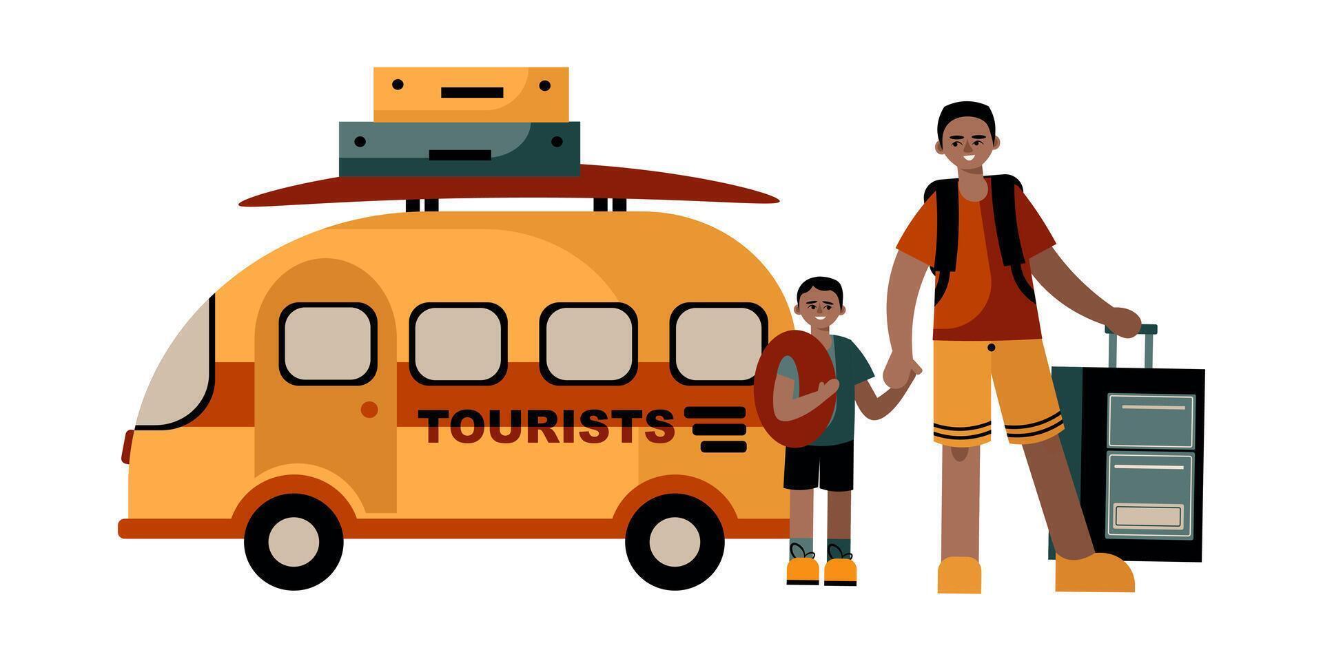 American young dad with son standing with baggage near bus for tourists vector