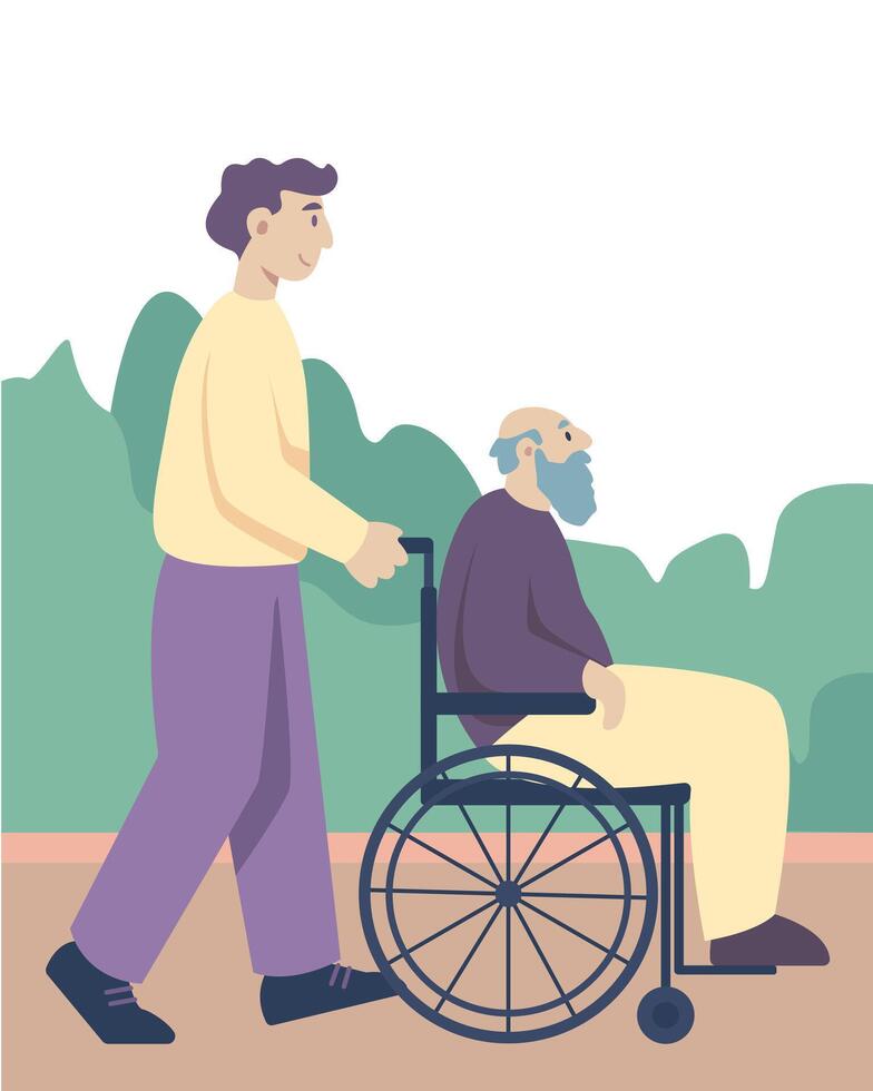 joven enfermero caminando con adulto hombre en silla de ruedas. más viejo pueblos ocupaciones al aire libre vector