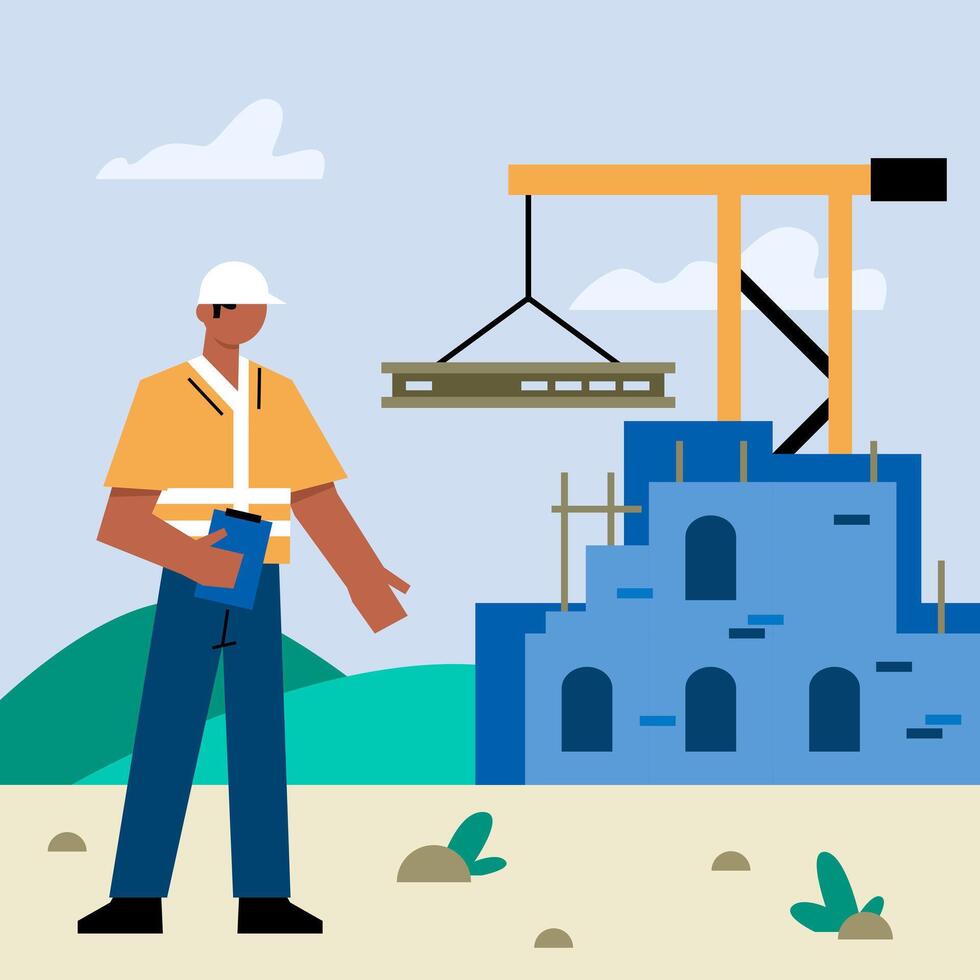 Foreman with clipboard and checking construction process. Worker build house vector