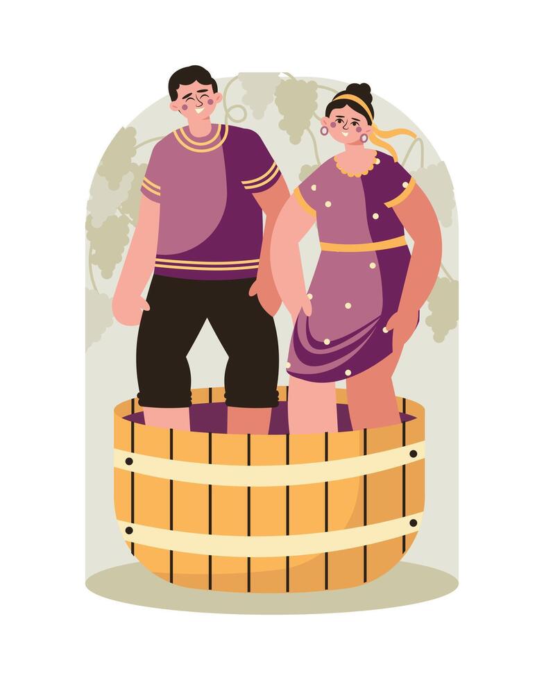 Man and woman crushing berries with feet in basket. Wine production industry vector