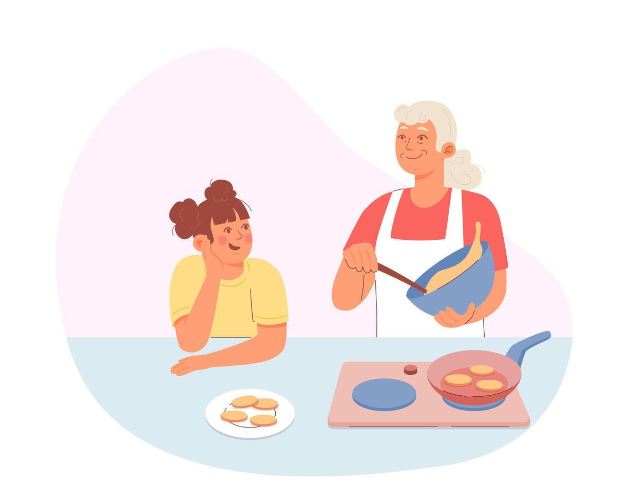 Families cooking in kitchen. Old lady and her granddaughter preparing cookies vector