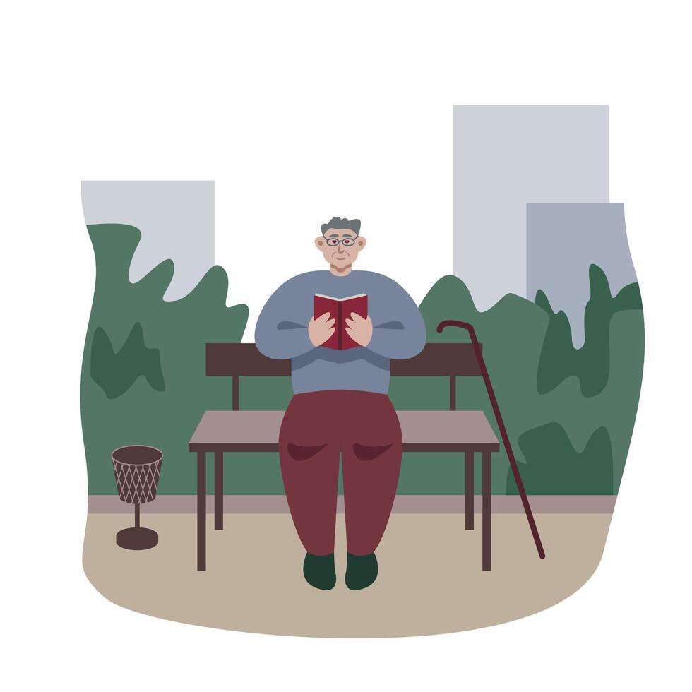 Senior male sitting on bench in park and reading book. Older peoples activities and hobby vector