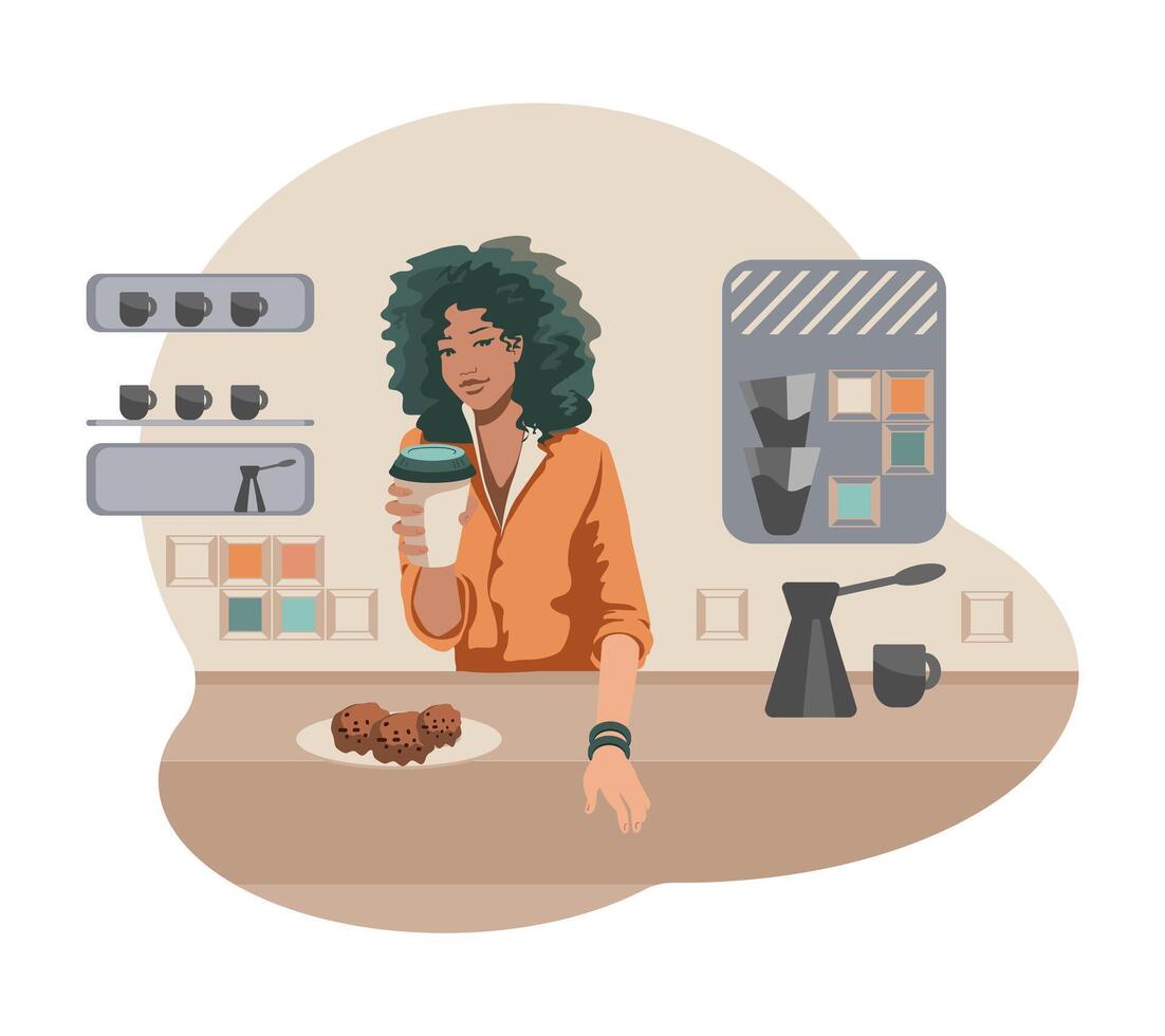 American lady selling drinks to clients. Work in coffee shop, selling beverage concept vector