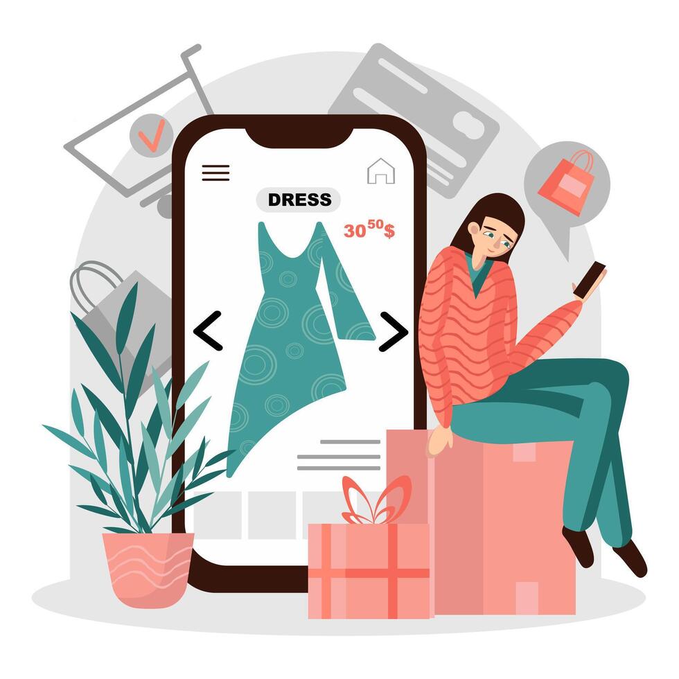 Buyer sitting on boxes and looking at dress in online store vector