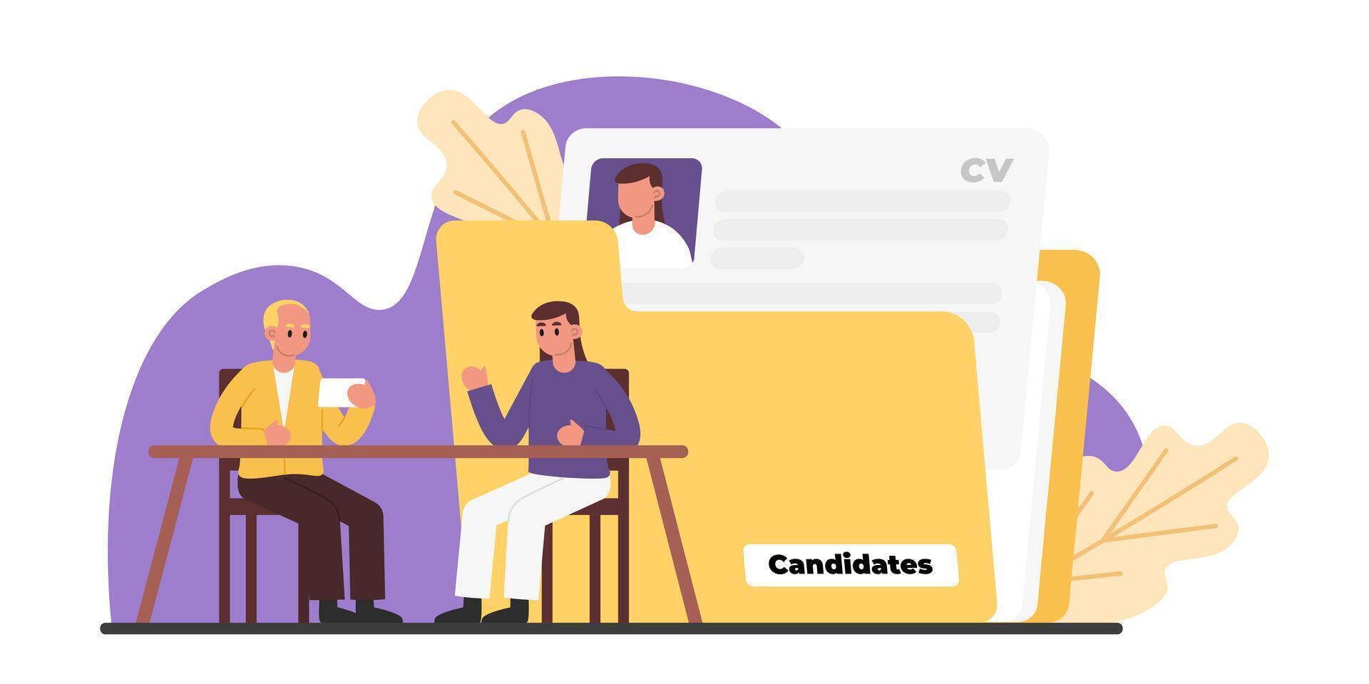 hora sentado a mesa y leyendo CV de candidato. relleno fuera currículum para vacante vector