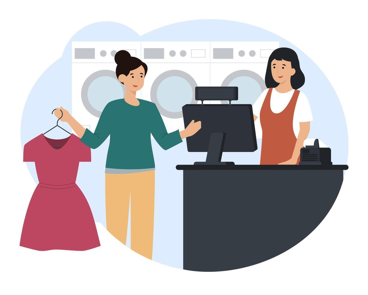 Woman standing at checkout, holding dress and consults with cashier vector