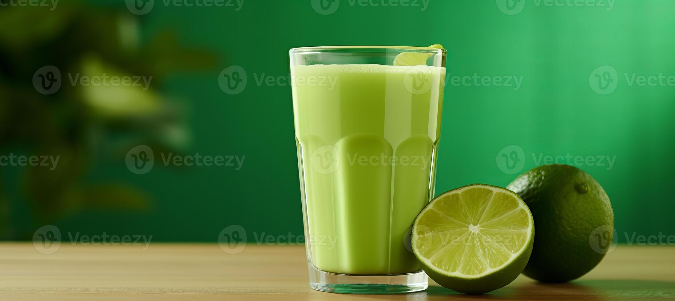 AI generated Refreshing lime juice in glass on wooden table with soft green background for text placement photo