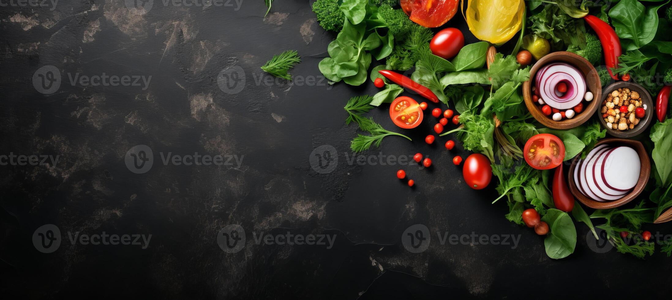 AI generated Assorted green salad with seeds and olive oil on black stonetop view with empty space for text. photo