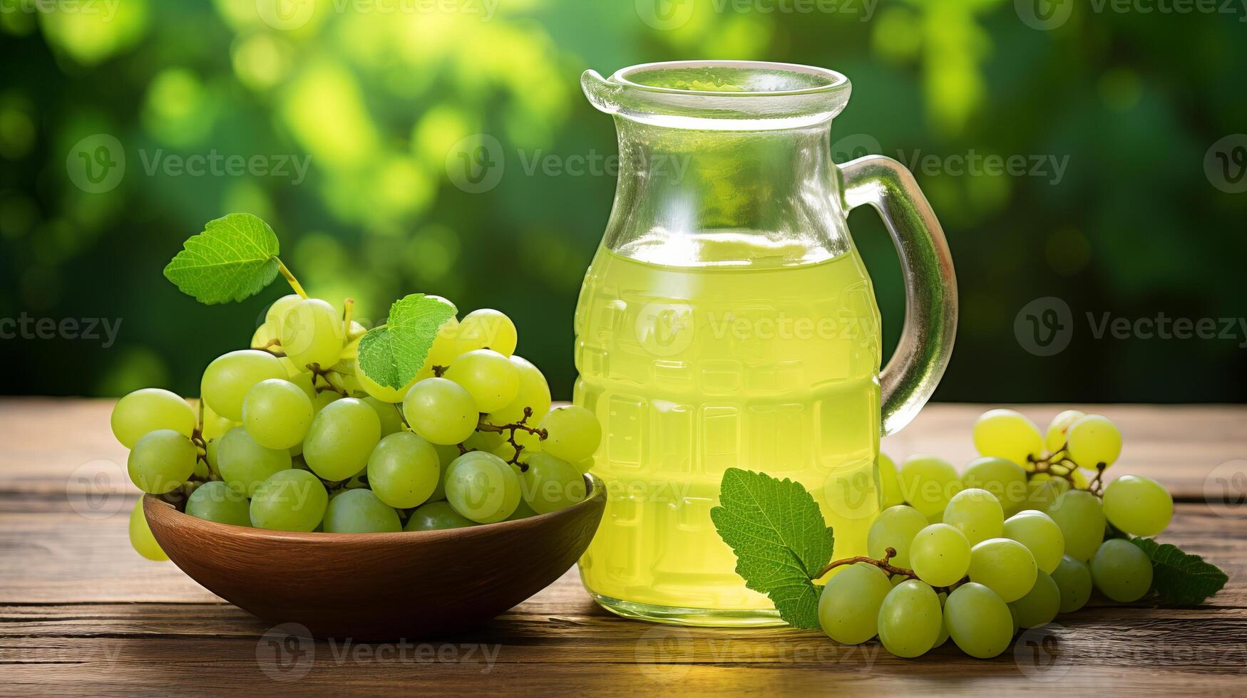 AI generated Grape juice in glass on wooden table, isolated on green background with space for text placement photo