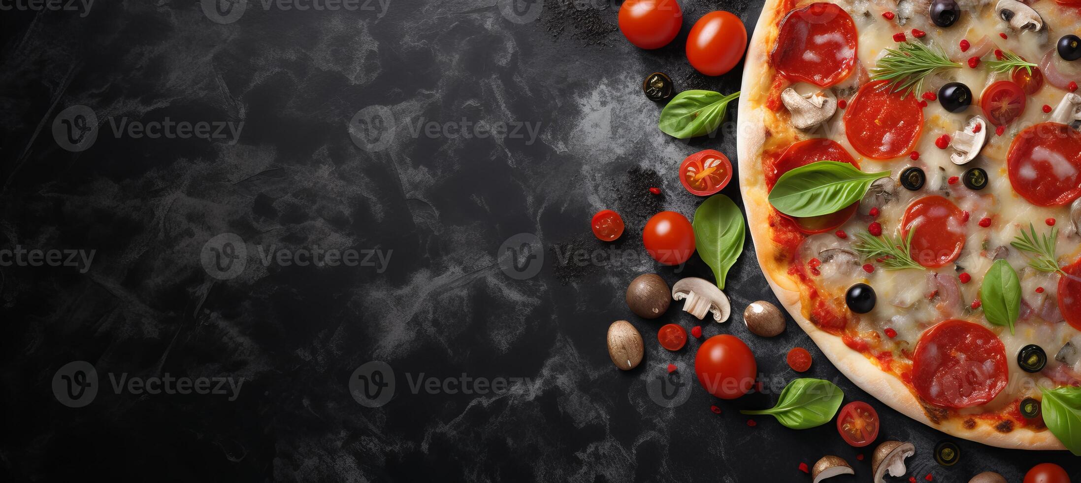 AI generated Delicious pizza on black stone, top view with fresh ingredients, text space on left side. photo