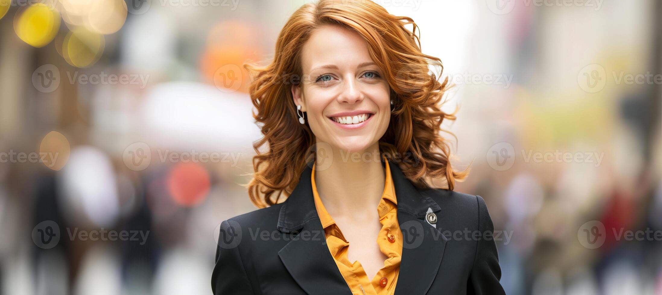 AI generated Confident businesswoman walking in city center, smiling with blurred background and text space photo