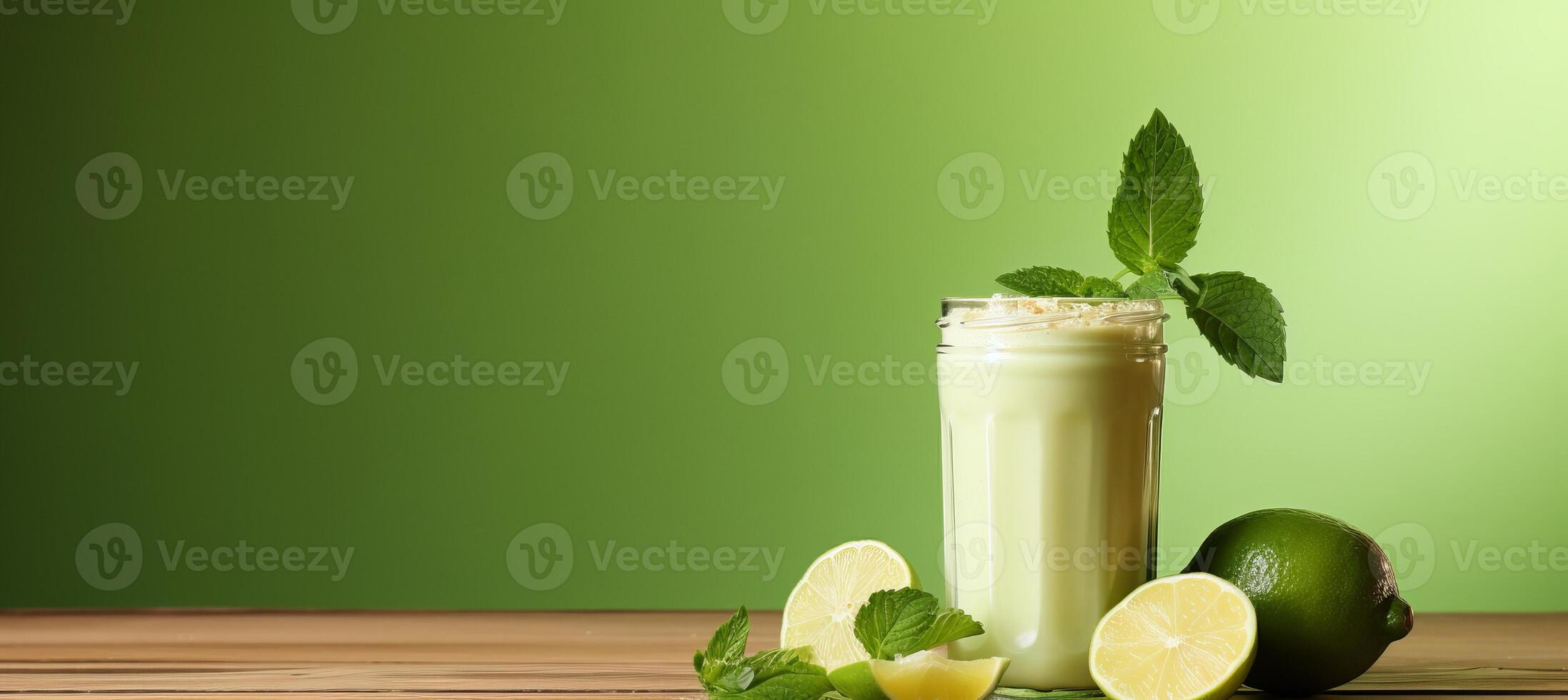 AI generated Lime juice in glass on wooden table with green background and space for text placement photo