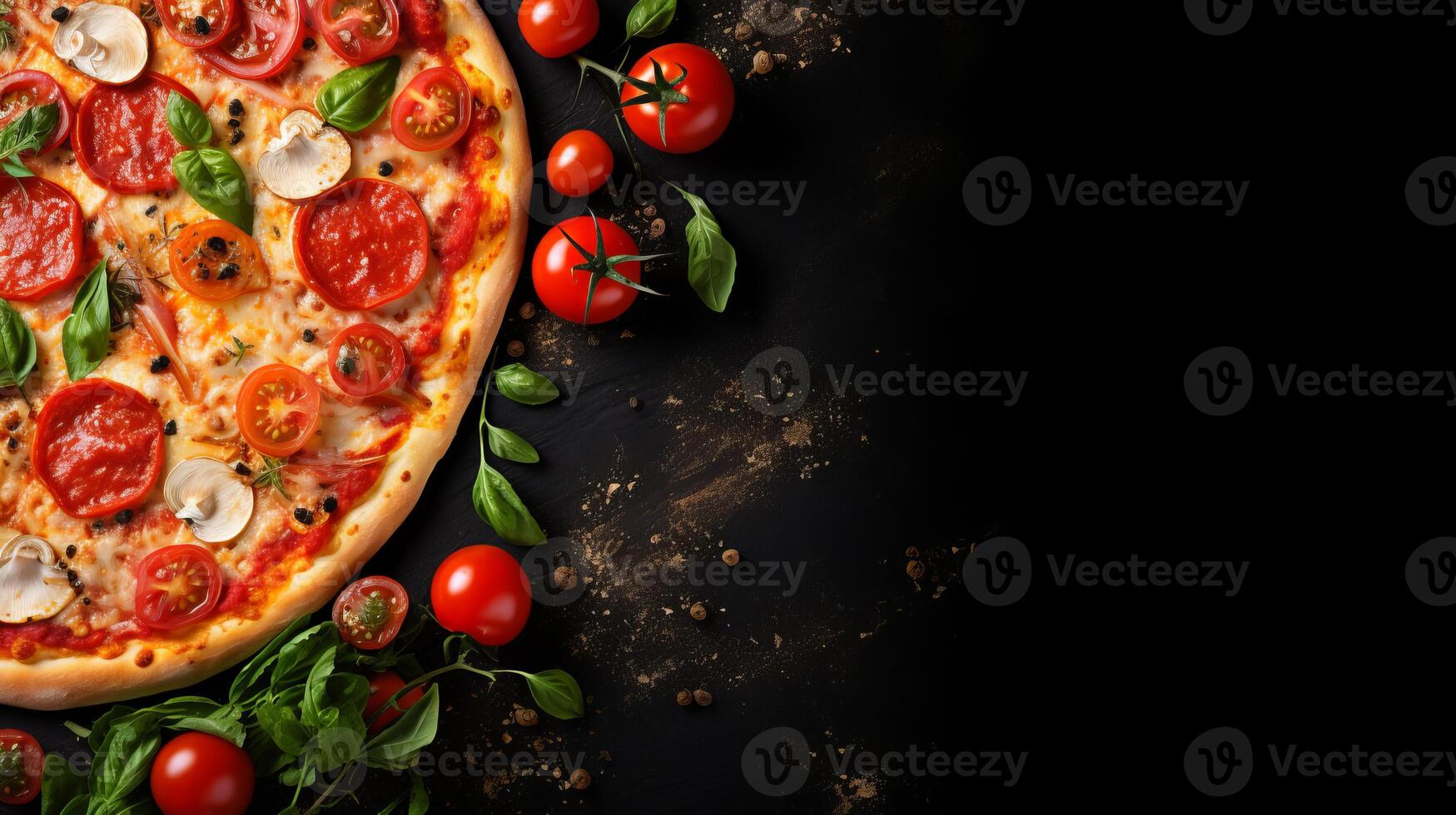 AI generated Delicious pizza with fresh ingredients on black stone, top view, empty space for text on left side photo