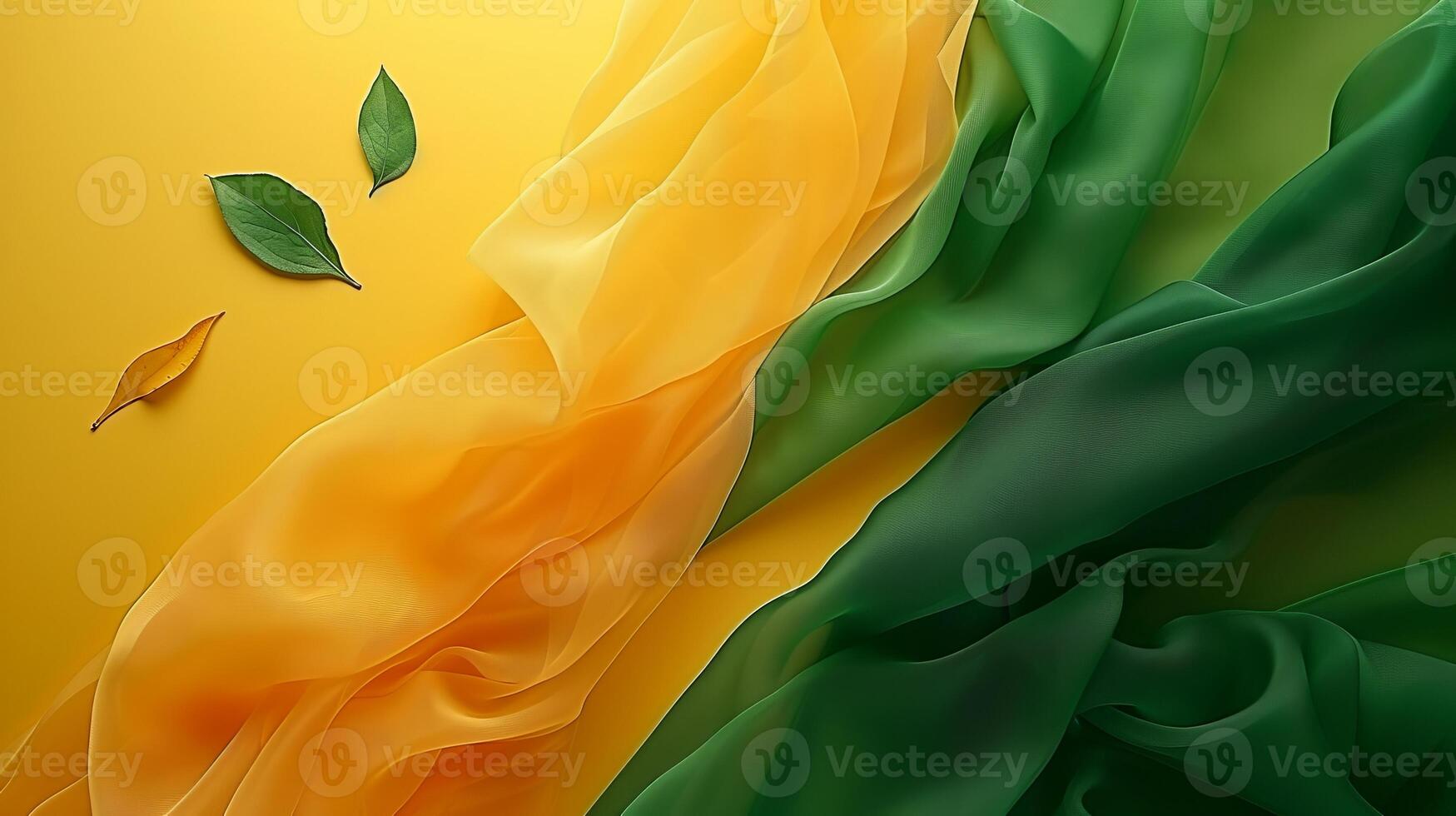 AI generated Abstract yellow and green background with leaves and semi transparent silk fabric in gentle waves photo