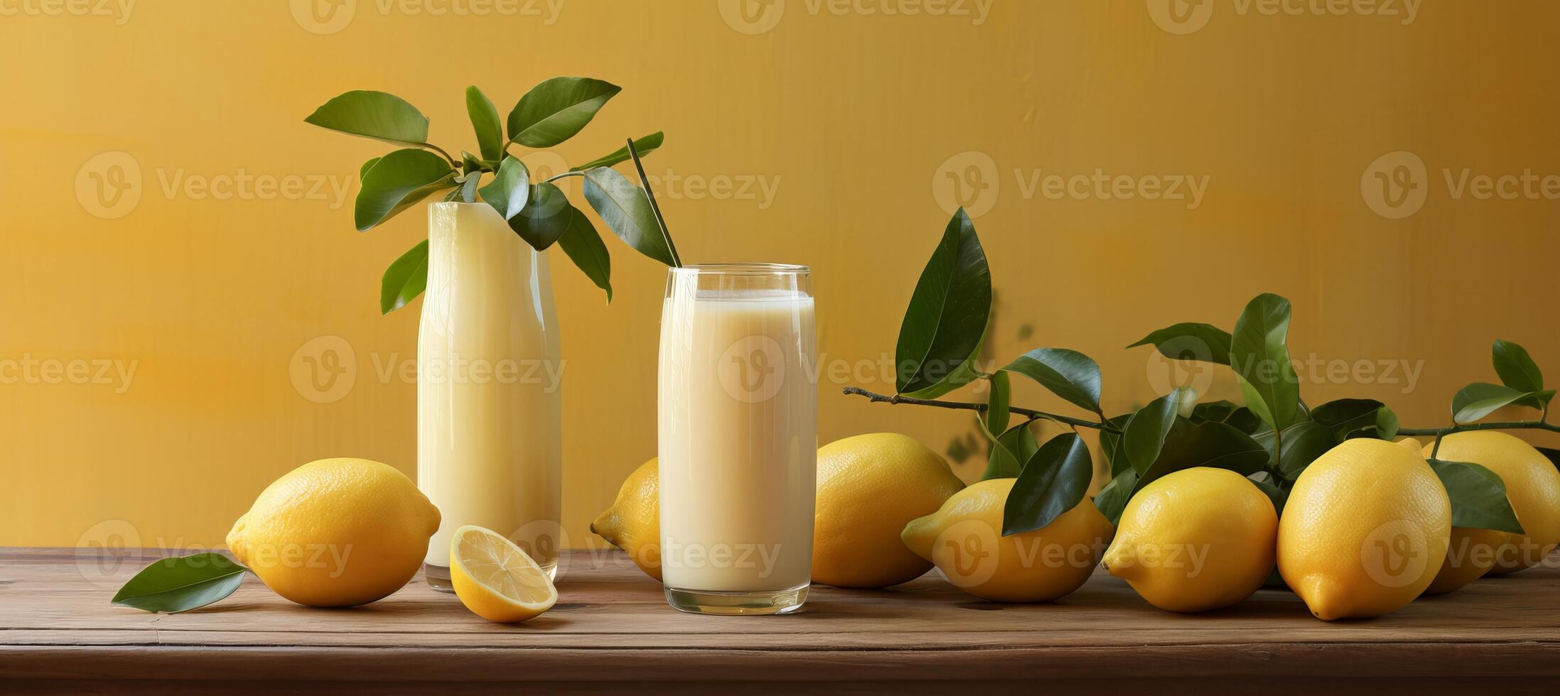 AI generated Zesty lemon juice in glass on wooden table with soft yellow background for text placement photo