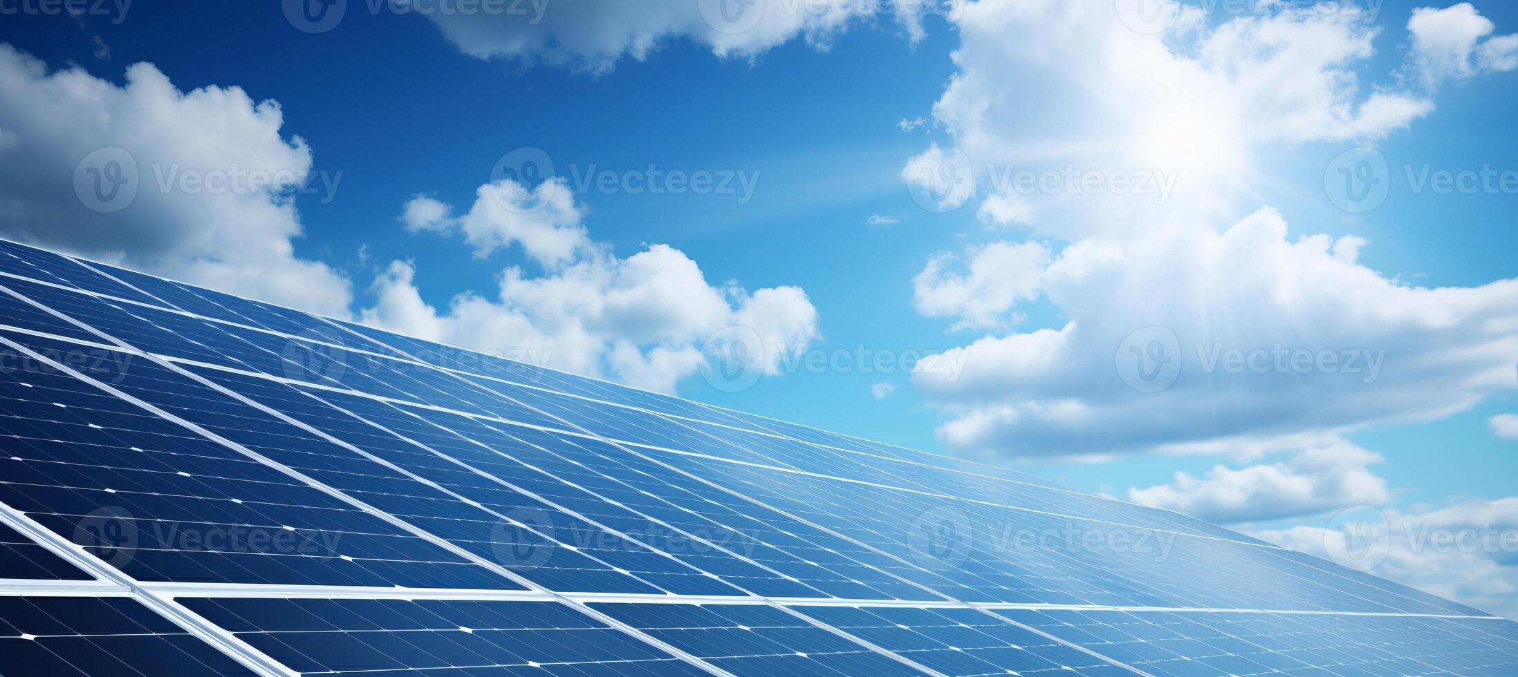 AI generated Renewable energy and nature concept  close up view of solar panels with blue sky background photo