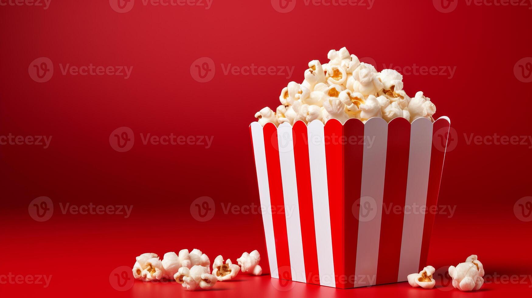 AI generated Vibrant striped popcorn box on textured red gradient background with abundant empty space for copy photo