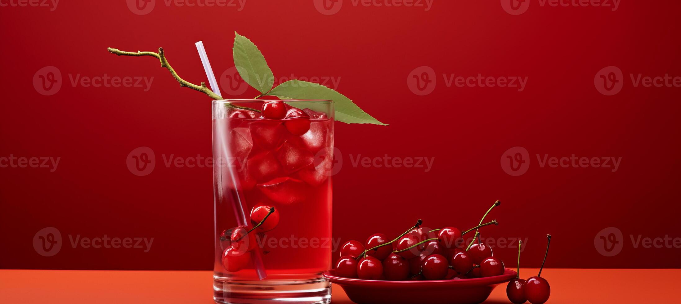 AI generated Cranberry juice in glass on wooden table with soft red background, ideal for text placement photo