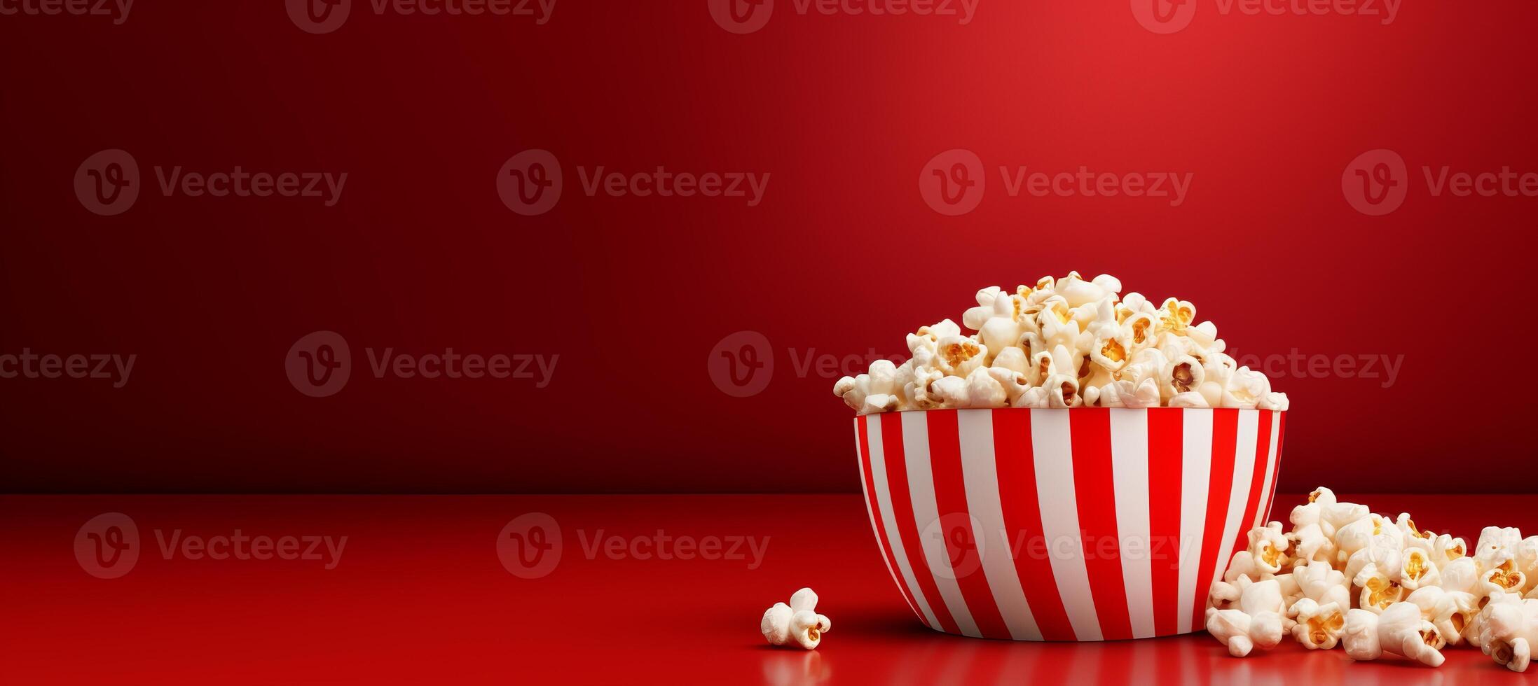 AI generated Striped box with popcorn on red gradient background, spacious empty space for text design photo