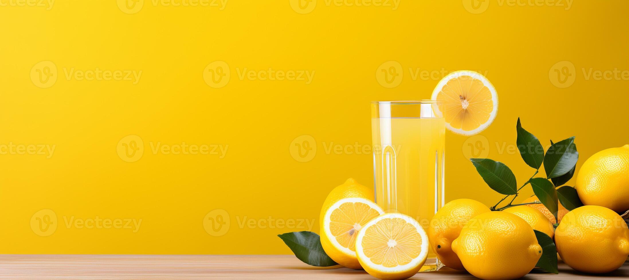 AI generated Zesty lemon juice in glass on wooden table with soft yellow background, ideal for text placement photo