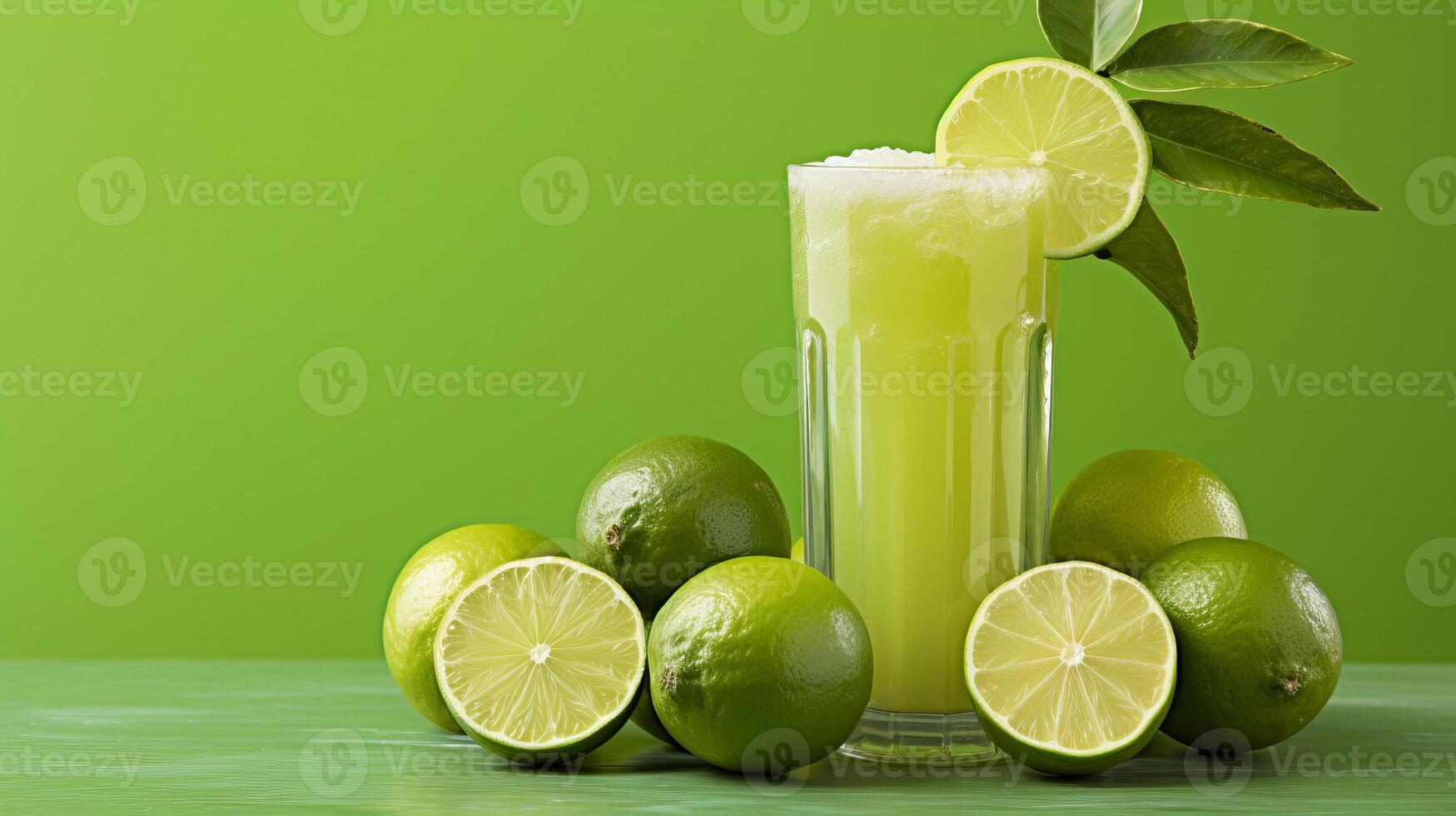 AI generated Lime juice in glass on wooden table with soft green background, perfect for text placement. photo