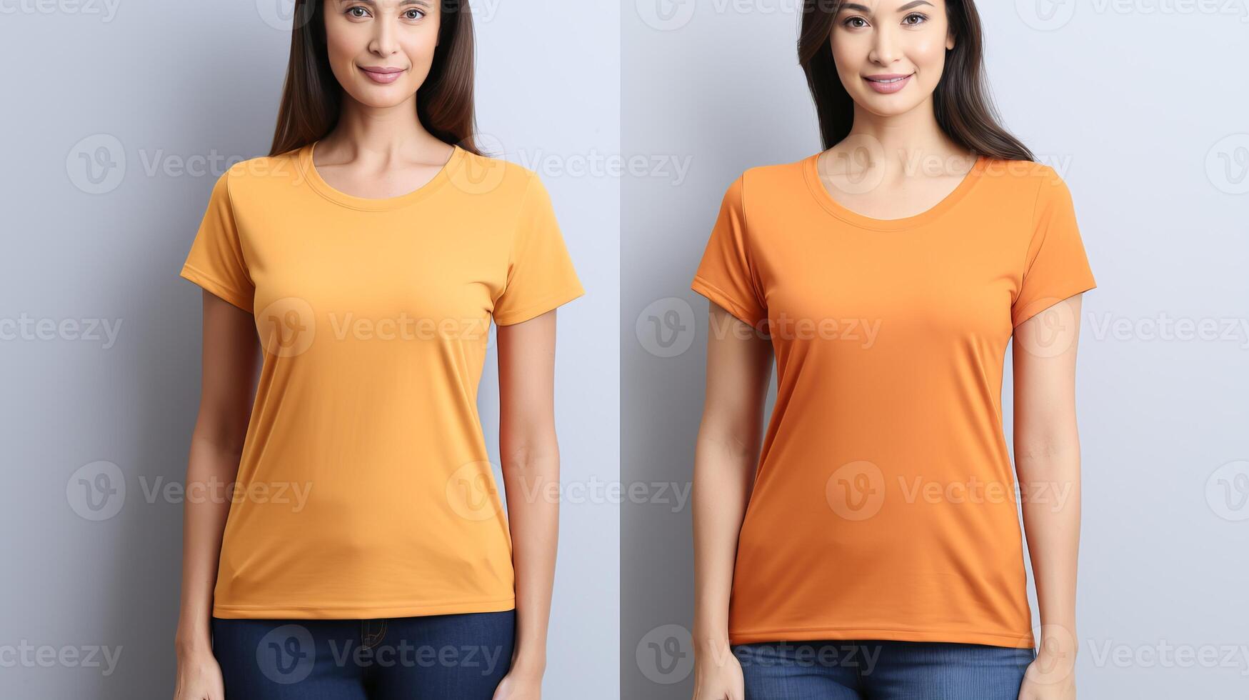 AI generated Mockup of woman in orange t shirt on light gray wall for design studio print template photo