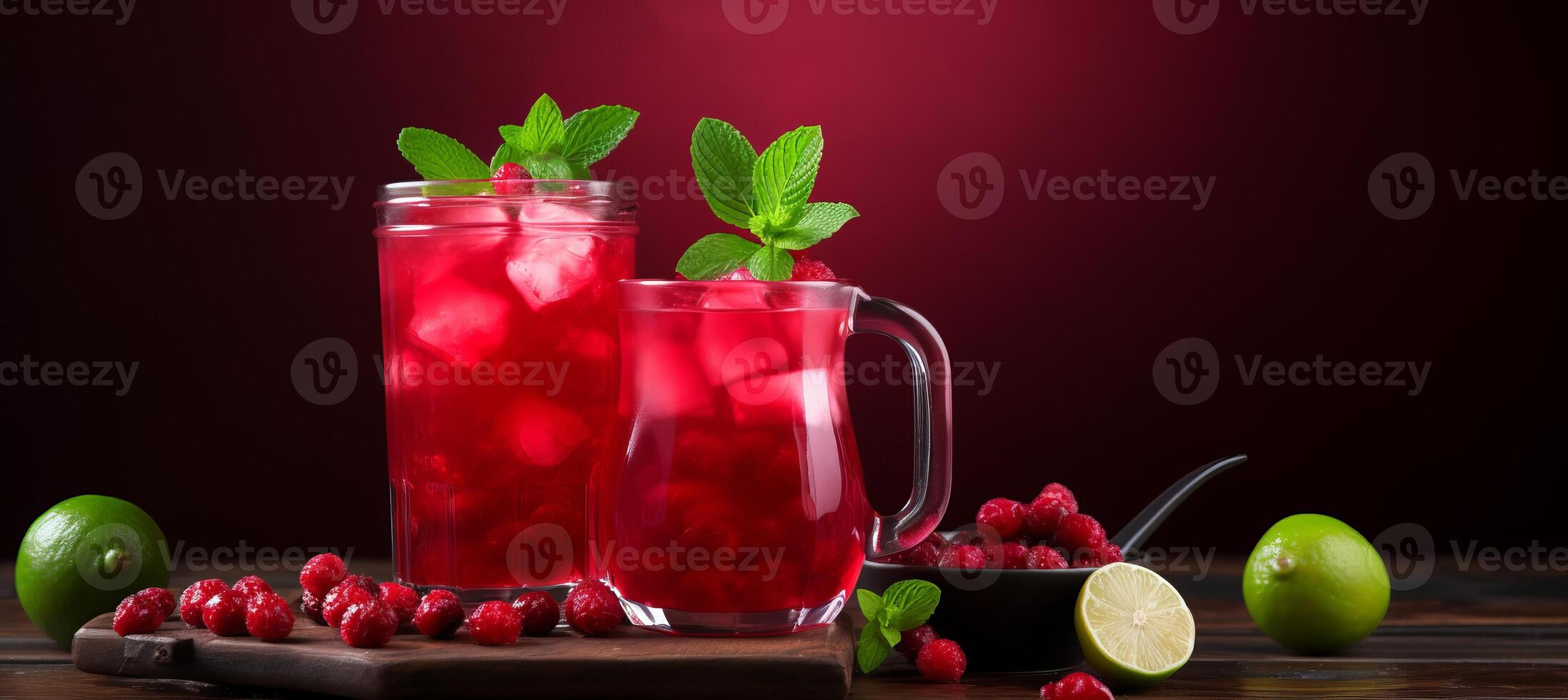 AI generated Refreshing cranberry juice in glass on wooden table with red background, perfect for text placement photo