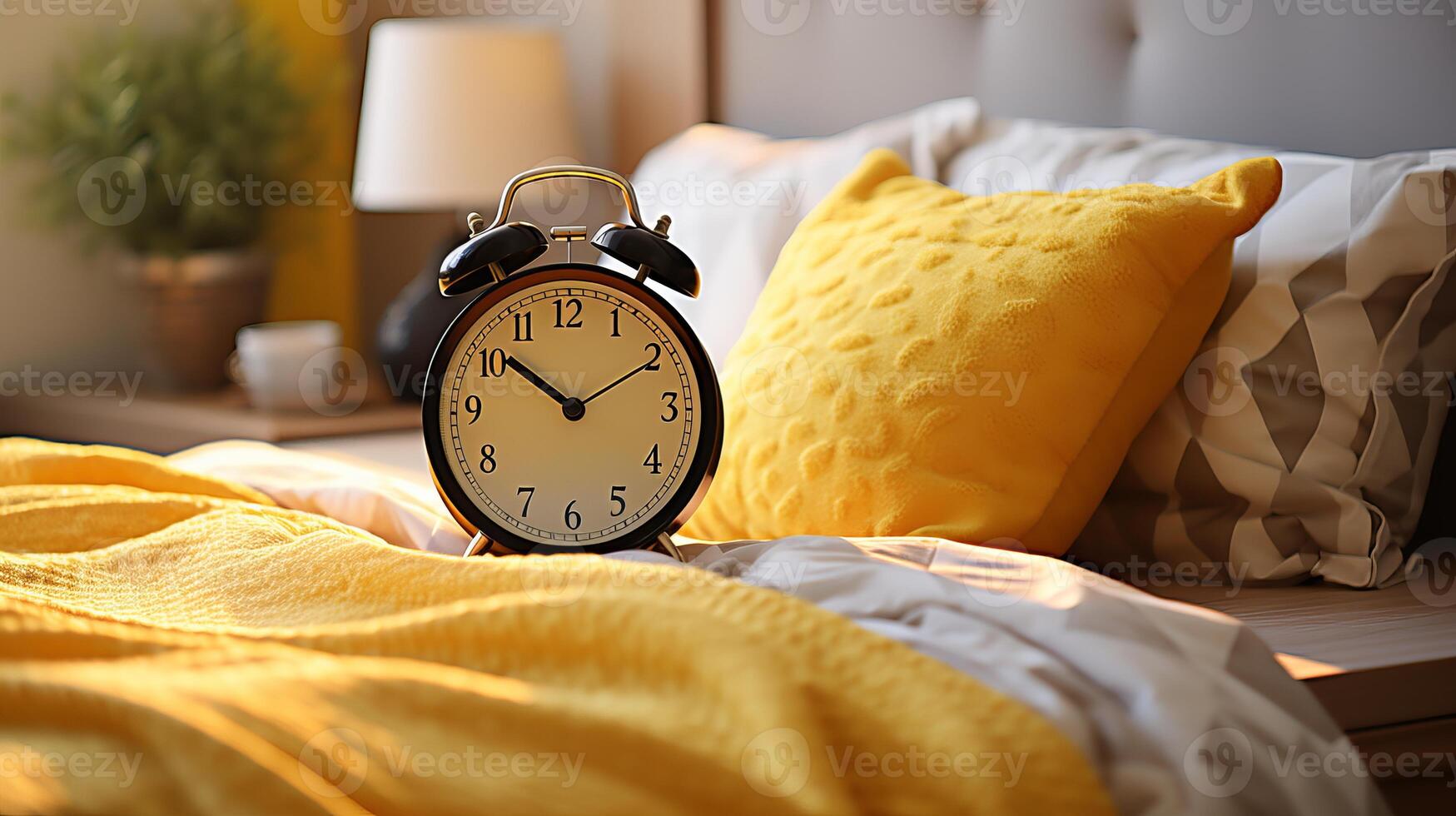 AI generated Morning bliss  happy woman stretching in bed with alarm clock in closeup shot, enjoying the sunrise photo