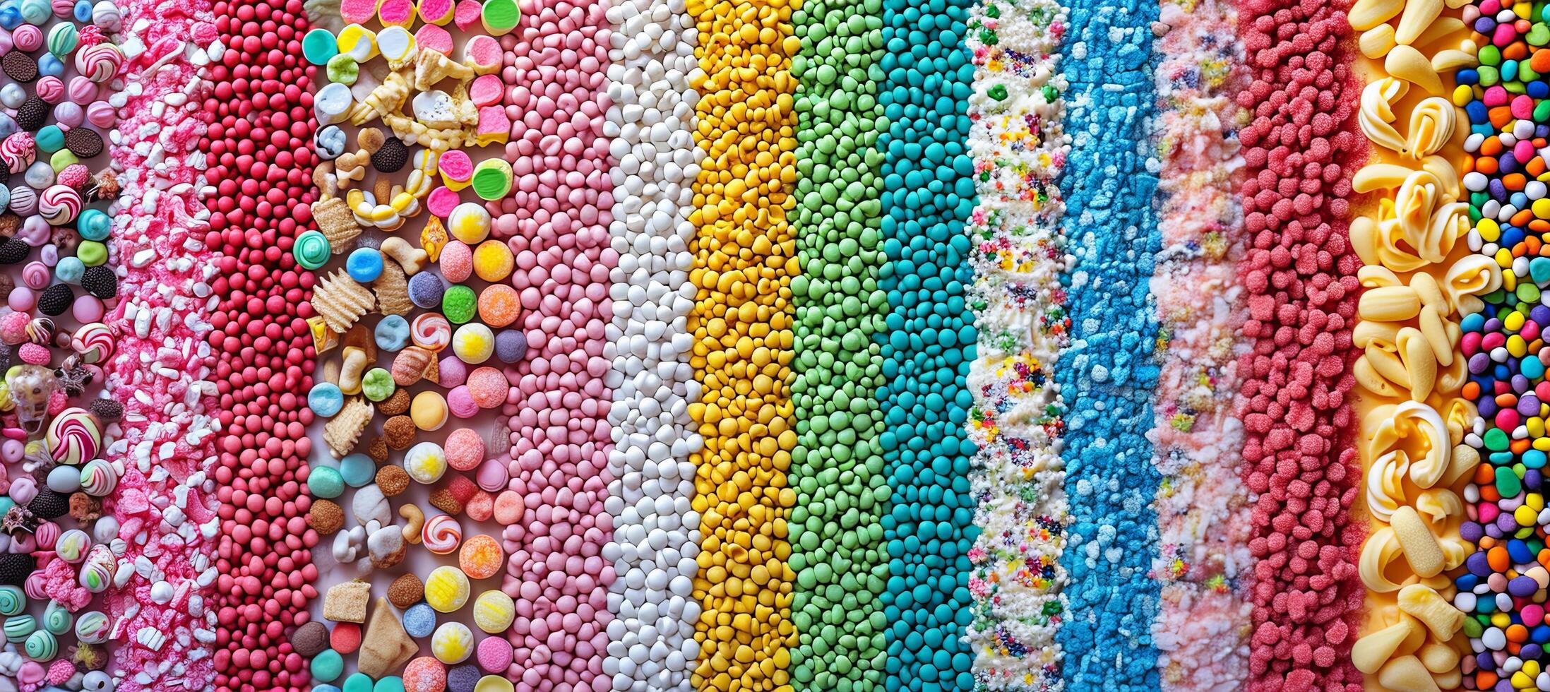 AI generated candy collage  colorful assortment of sweets divided by white vertical lines in bright white light photo