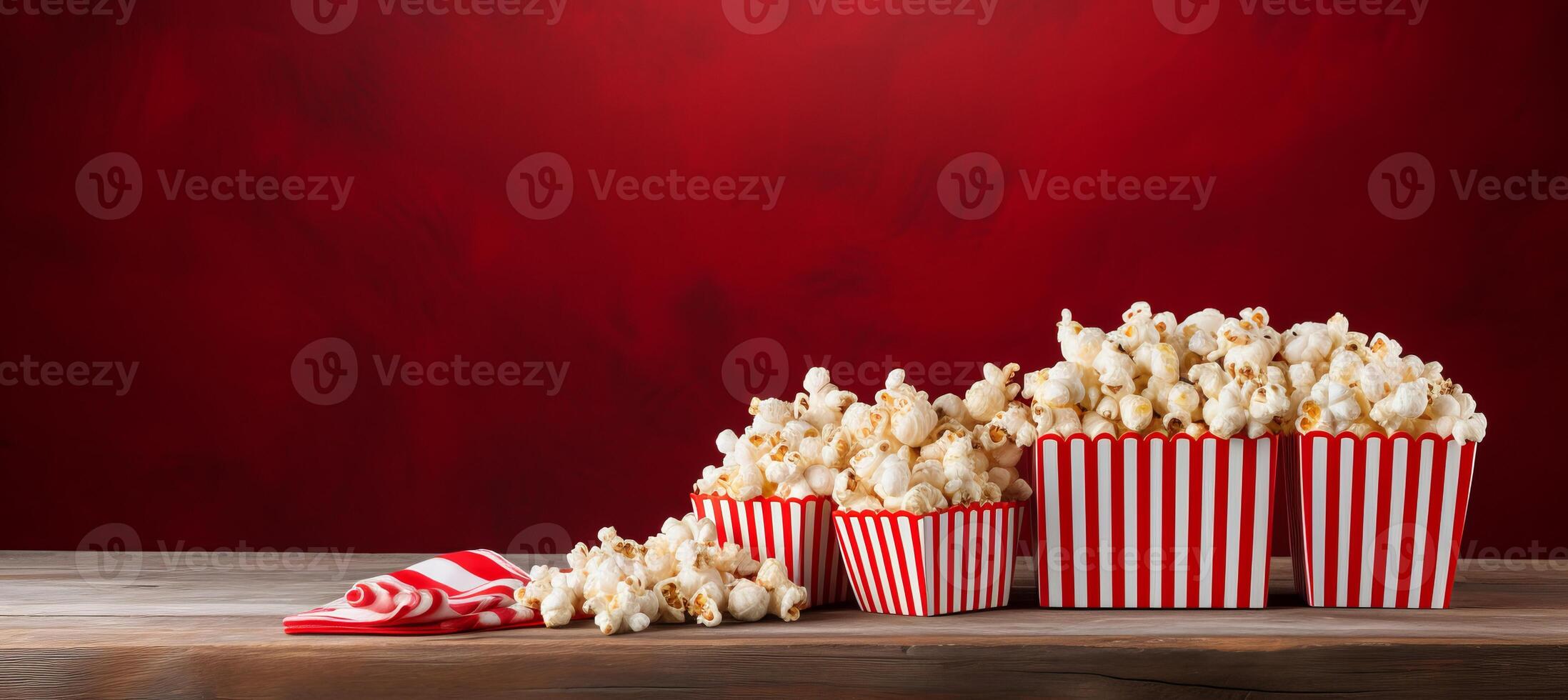 AI generated Popcorn box with tasty popcorn on red gradient background, ample empty space for customization photo