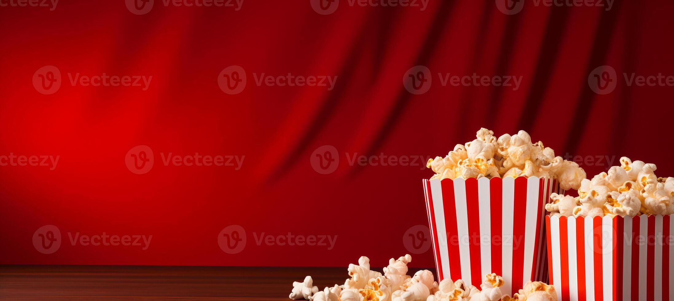 AI generated Popcorn filled striped box on textured red gradient background with ample empty space photo