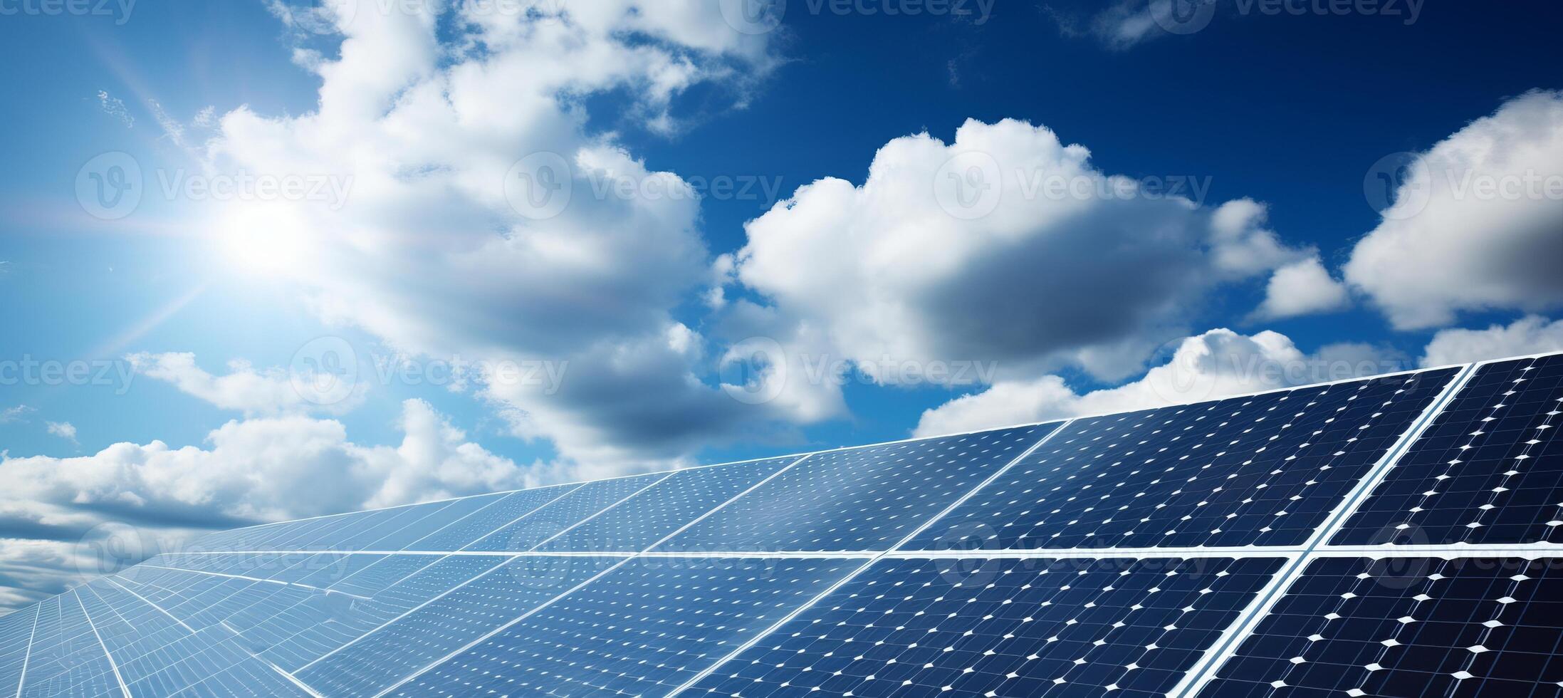 AI generated Renewable energy  solar panels against scenic sky, blending technology and nature harmoniously. photo